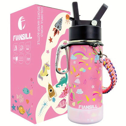 Kids Insulated Water Bottle 16oz with 3D Print Design - Stainless Steel Vacuum Flask, Leak-Proof BPA-Free, One-Hand Lid, Woven Strap & Carabiner, Perfect Student Gift for Boys & Girls, 8 Fun Styles