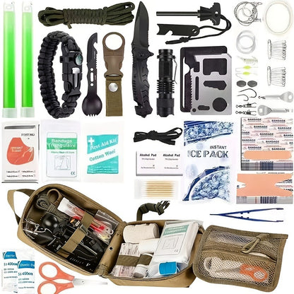 217 Piece Survival Kit with First Aid Kit & Molle Storage Bag - Emergency Gear Set for Camping, Hiking, Outdoor Adventure, Home & Office, Perfect Gift for Men, Dad, Husband, Son - Orange Green Khaki Black Red Camouflage
