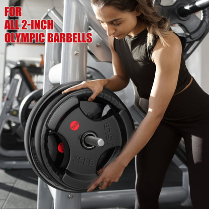 Rubber Bumper Weight Plates 2 Inch – Solid Iron Core, Ergonomic Grip, 25/35/45 lbs – Barbell Plates for Strength Training, Weightlifting & Home Gym