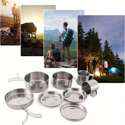 Camping Tableware Set 8 Piece Stainless Steel – Portable Outdoor Dining Set with Foldable Handle Plates, Cups & Utensils | Lightweight Camping Cookware for 2-3 People, Picnic, BBQ & Hiking