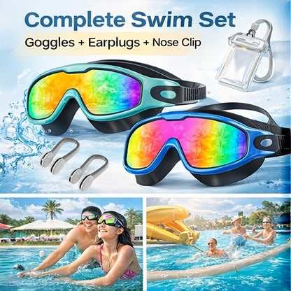 2 Pack HD Anti-Fog Swim Goggles – Leak-Proof Wide Vision, UV Protection Mirrored Lens, Comfortable Fit for Men Women Adults, with Earplugs Nose Clip Case & Waterproof Bag