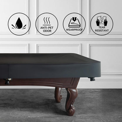 Leatherette Pool Table Cover 7 8 9FT Waterproof Tearproof Billiard Table Protector with Leg Cutouts Scratch-Resistant Easy-Clean Protective Cover Black