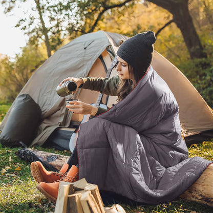 Puffy Camping Blanket Foldable Lightweight Water Resistant with 3D Eye Mask - DWR Coated Outdoor Blanket for Camping, Hiking, Travel, Beach, Stadium & Car, Warm Packable Throw in 4 Colors, 55" x 78"