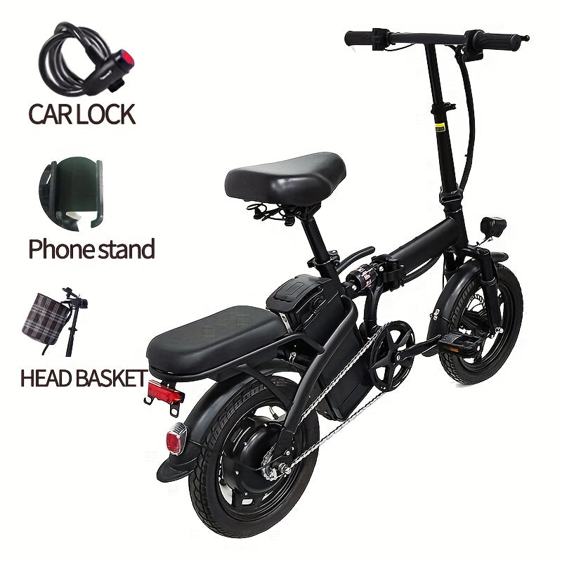 Folding Electric Bicycle 14 Inch E-Bike 48V Lithium Battery 19MPH 18-28 Mile Range 330LB Capacity Disc Brake Front Headlight for City Commuting