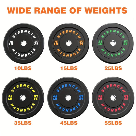 Bumper Plates – Rubber Olympic Weight Plates 10–45 lbs, 2-Inch Steel Center Ring, for Strength Training & Weightlifting, Home Gym Barbell Discs
