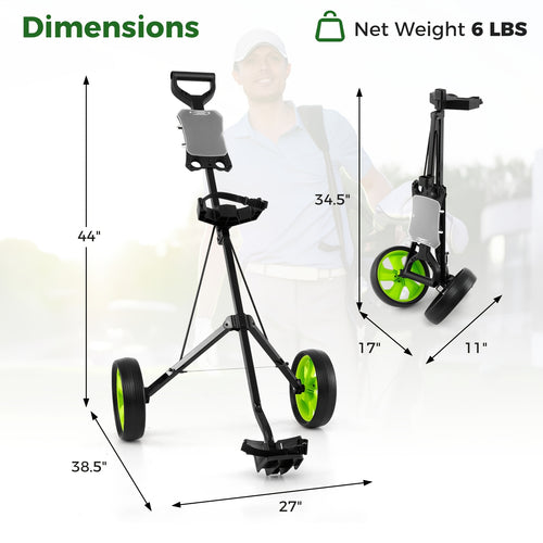 Foldable 2 Wheel Golf Push Cart Trolley with Scoreboard - Lightweight Steel Frame Pull Cart with Adjustable Handle, Score Counter, Ball & Tee Holder, Easy Fold Design for Golf Course & Club Transport