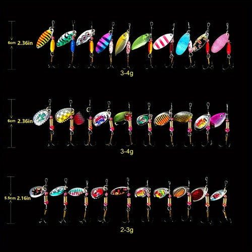 Spinnerbait Fishing Lures 30pcs – Heavy Duty Metal Spoon Jig Multi-Color Artificial Bait Set for Bass Trout Pike Musky, Saltwater & Freshwater Spinner Bait Kit for Men