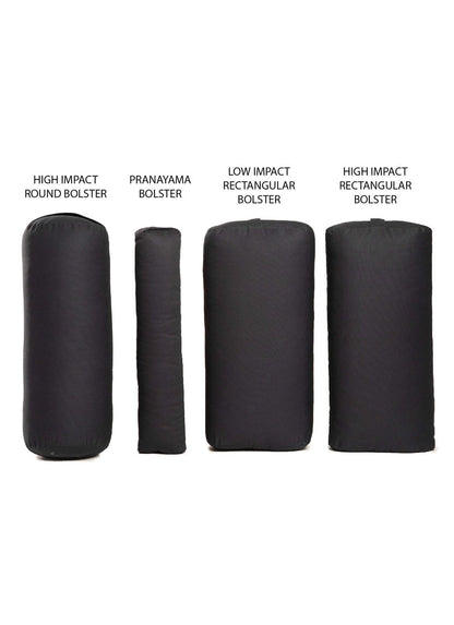Everyday Yoga offers a selection of yoga bolsters in Merlot, featuring a High Impact Round Bolster, Pranayama Bolster, Low Impact Rectangular Bolster, and High Impact Rectangular Bolster. These props are designed to enhance your
