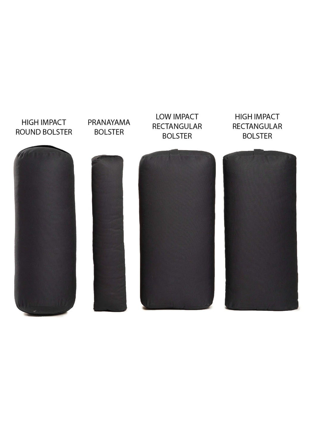 Everyday Yoga presents a collection of yoga bolsters and props in True Navy, featuring a high impact round bolster, pranayama bolster, low impact rectangular bolster, and high impact rectangular bolster. These bolsters are designed to enhance your yoga practice by