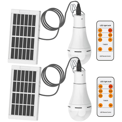 Solar Light Bulbs 2 Pack Campsite Outdoor – Remote Control Timer, 4 Modes 300LM, Light Sensor Auto On/Off, Solar & USB Rechargeable – Shed, Chicken Coop, Emergency & Camping Light