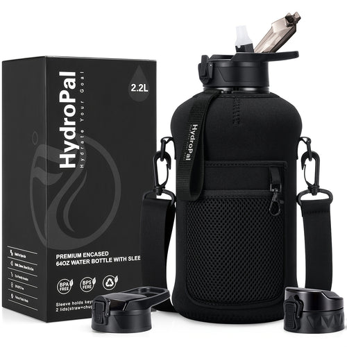 74oz Half Gallon Water Bottle with Storage Sleeve & 2 Lids - BPA-Free Large Sports Water Jug with Straw Lid, Chug Lid & Carry Strap, Big Gym Water Bottle with Handle for Daily Hydration