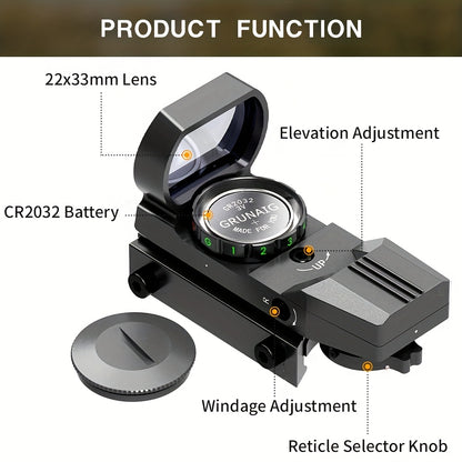 Red Green Dot Sight 33mm with 4 Reticle Modes – Dual Illuminated Rifle Scope, 1x Magnification, 1 MOA Adjustment, Parallax-Free Rail Mount Optic for Hunting, Target Shooting & Tactical Use on Rifles Shotguns Carbines