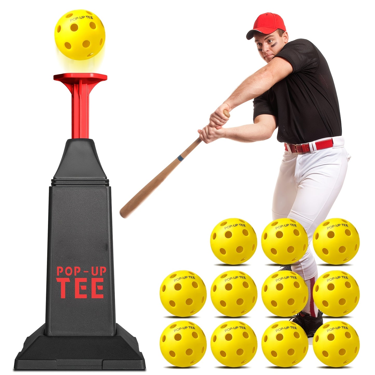 Baseball Softball Hitting Tee with Popper & 12 Mini Balls | Launches Up to 40 Inches High | No Battery Required | Kids Youth Batting Practice Training Set Black Red