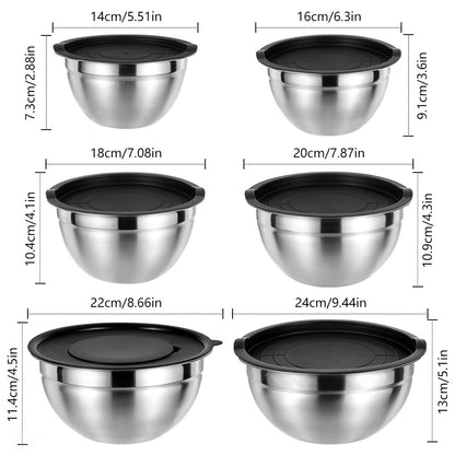 Stainless Steel Mixing Bowl Set 26pcs with Sealed Lids – 6 Bowls (0.7–3.6 Qt), 2 Colanders & 3 Sharpening Tools – Nesting Kitchen Bowls for Baking, Salad, Mixing, Storage & Camping
