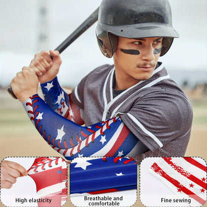 Patriotic Baseball Arm Sleeves 2 Pairs – American Flag Star Design Compression Sports Elbow Covers, Anti-Slip UV Protection for Men Women, Ideal for Games Parties Outdoor Events