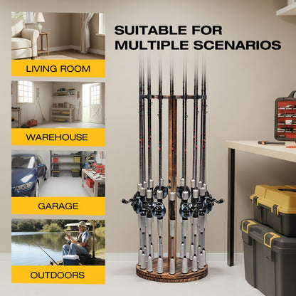 Fishing Rod Rack Holds 16 Rods - Circular Wooden Pole Holder with 360° Rotating Base Option - Space-Saving Wall-Free Fishing Rod Organizer for Garage, Basement & Home Storage