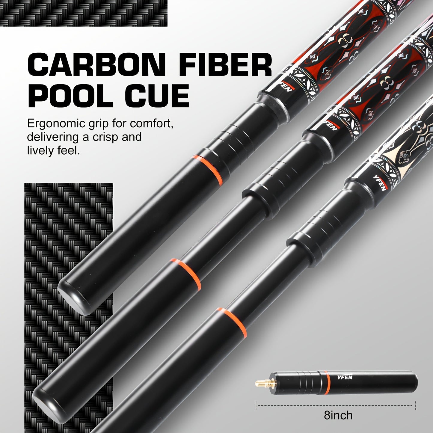 Carbon Fiber Pool Cue Stick Low Deflection Billiard Cue with 11.8mm 12.5mm Tip Pro-Taper Shaft Canadian Maple Butt Extension Compatible Professional Pool Cues for Competitive Play and Tournament Use