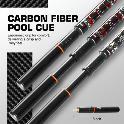 Carbon Fiber Pool Cue Stick Low Deflection Billiard Cue with 11.8mm 12.5mm Tip Pro-Taper Shaft Canadian Maple Butt Extension Compatible Professional Pool Cues for Competitive Play and Tournament Use