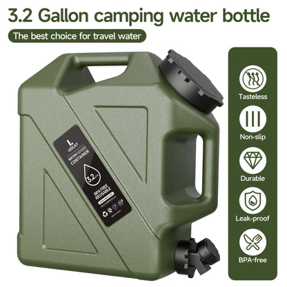 Collapsible Camping Water Storage Bucket 3.2 Gal Portable Water Tank with Faucet Dispenser Army Green Outdoor Emergency Water Container for Hiking Car Camping Festival