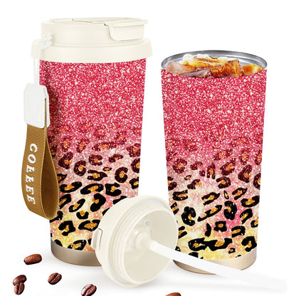 Insulated Stainless Steel Tumbler 18oz - Pink Glitter & Golden Leopard Print, Leak-Proof Foldable Straw Lid, Keep Hot 12H Cold 24H, Trendy Travel Coffee Cup Gift for Women