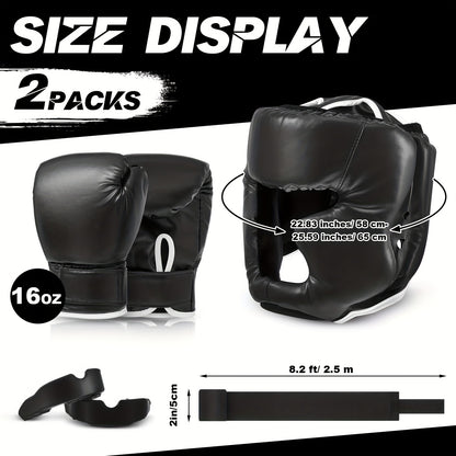Boxing Kit Set 14pcs – 2 Pairs 16oz Boxing Gloves, Headgear, Hand Wraps & Mouthguards for Adults & Youth Beginners – Complete Boxing Training Equipment for Men Women Teens