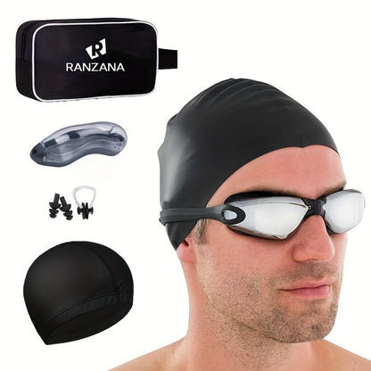 Swimming Goggles 6pcs Set with Cap Nose Clip Earplugs & Storage Bag – UV Protection Anti-Fog Adult Racing Swim Goggles Bundle, Silver-Coated Black Lens, Waterproof PU Swim Cap Included