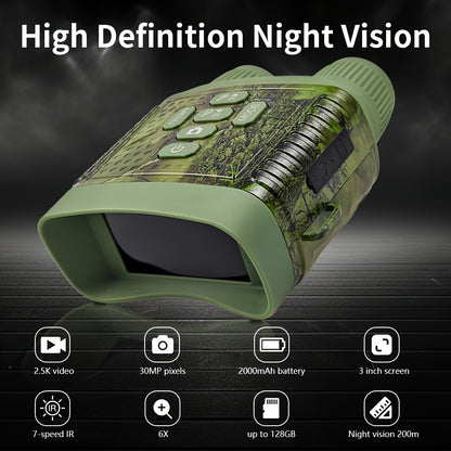 2.5K Night Vision Binoculars – Camo Infrared Goggles with 6X Zoom, 3" HD Screen, 7-Speed IR, 2000mAh Battery & Video Recording for Hunting Wildlife Security