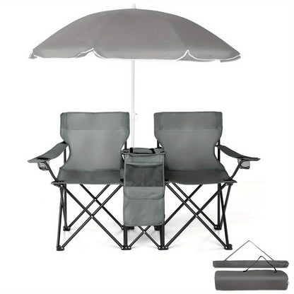 Folding Fishing Chair with Sun Umbrella – 2-Seat Portable Outdoor Chair, Iron Alloy Frame & Oxford Fabric, Built-In Storage Bag & Carry Bag, for Beach, Patio, Camping & Sunbathing, 4 Colors