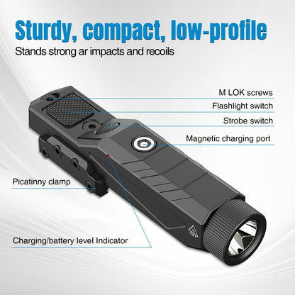 Tactical Flashlight 1680 Lumens for Rifle – M-Lok & Picatinny Rail Mount, Magnetic USB Rechargeable, Momentary Strobe, Low Profile Weapon Light