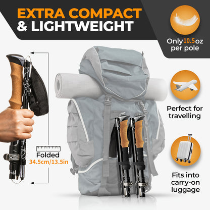 Lightweight Aluminum Trekking Poles 2-Pack – Folding Hiking Sticks with Cork Ergonomic Grip, Sweat-Absorbing Handle, Adjustable Walking Poles for Hiking, Camping & Mountain Travel