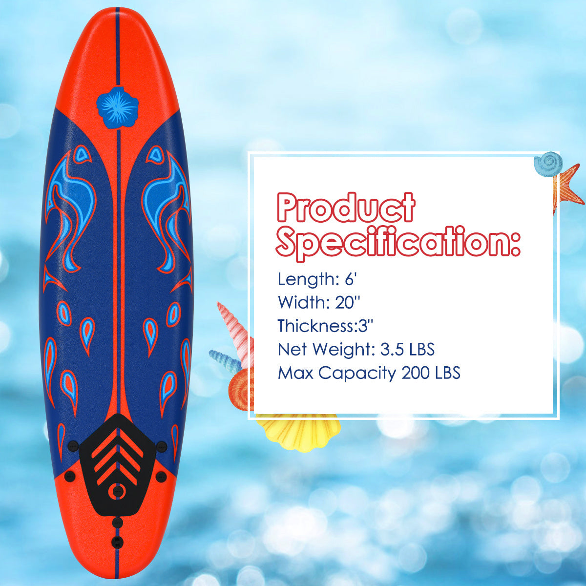 Foam Surfboard 6ft Beginner Surfboard EPE Deck EPS Core 3 Detachable Fins Safety Leash 200lbs for Kids Adults Ocean Beach River Pool Yellow White Red