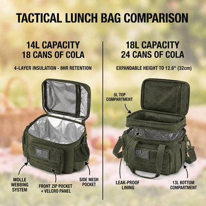Tactical Insulated Cooler Lunch Box with MOLLE Webbing – Expandable & Leakproof, 3.7 Gal or 18L, for Hunting, Camping, Work & Outdoor Picnics – Black, Green or Khaki