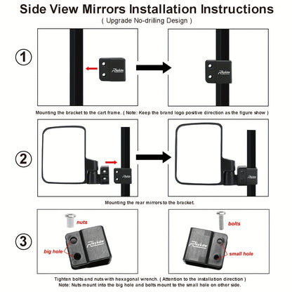 Convex Golf Cart Side Rear View Mirror for EZGO Club Car Yamaha G29 Square Frame – No Drilling Easy Install Wide Angle Blind Spot Mirror
