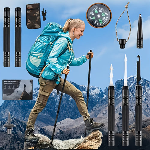 Tactical Trekking Pole Adjustable Hiking Stick | Titanium Alloy with Built-In Compass Canvas Storage Pouch & Combination Lock | Multi-Function Outdoor Hiking Camping Survival Gear Gift Black