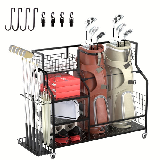 Golf Bag Storage Rack & Organizer for Garage – Extra Large Golf Club Holder Stand for 2 Bags, Heavy Duty Golf Equipment Accessories with Optional Side Pocket
