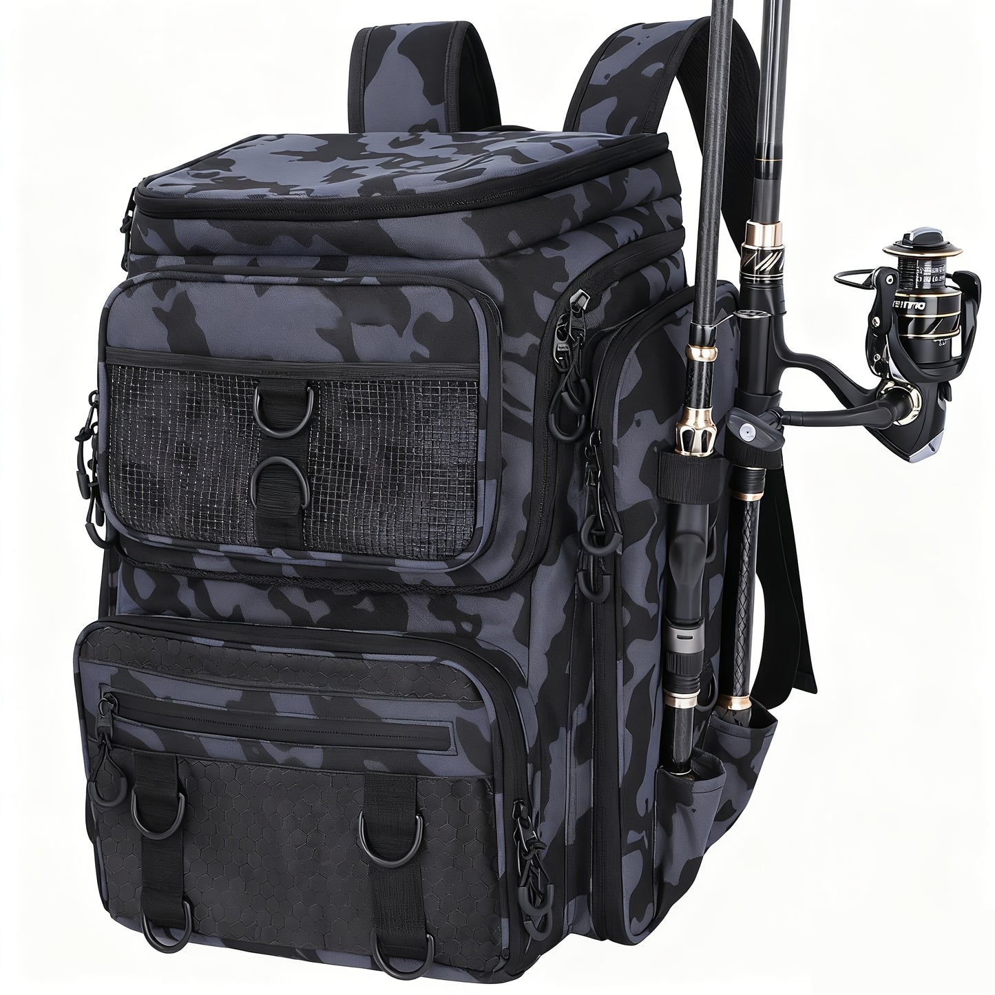Fishing Backpack with Rod Holder 45L – Large Capacity Outdoor Tackle Bag, Waterproof Travel Shoulder Pack for Fishing Camping Hiking, Multi-Pocket Lure Storage Rucksack with Zipper Closure