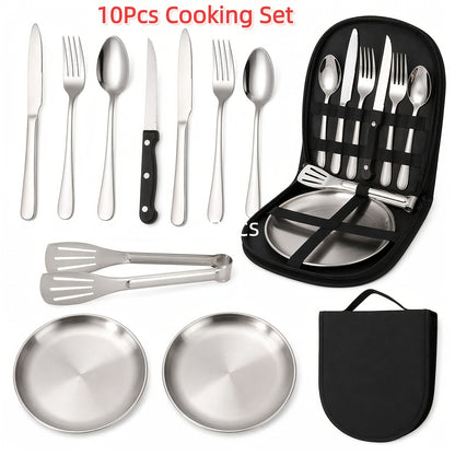 Camping Cookware Set Stainless Steel – 10 & 27 Piece Outdoor Cooking Utensil Kit with Organizer Bag for Camping, BBQ, Picnic, RV, Travel & Backpacking