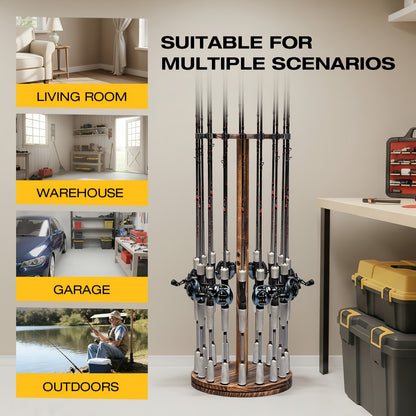 Wooden Fishing Rod Rack 360 Degree Rotating Circular Holds 16 Rods Space Saving Fishing Pole Organizer for Garage Home Storage
