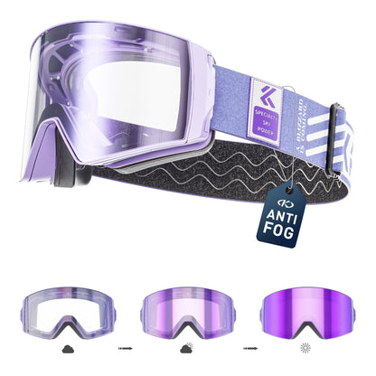 Magnetic Photochromic Ski Goggles OTG Helmet Compatible – 16-Point Magnetic Swap Lens, Triple-Layer Foam, Double Anti-Fog Dual-Layer PC 99.99% UV Protection for Men & Women, Includes Case & Bag