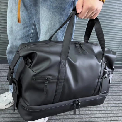 Gym Duffel Bag PU Foldable Sports Duffle with Shoe Compartment & Wet Pocket – Lightweight Weekender Travel Bag for Workout, Daily Use, Carry-On & Overnight Trips, Available in Black, Blue & Gray