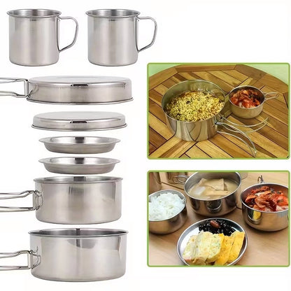Camping Tableware Set 8 Piece Stainless Steel – Portable Outdoor Dining Set with Foldable Handle Plates, Cups & Utensils | Lightweight Camping Cookware for 2-3 People, Picnic, BBQ & Hiking