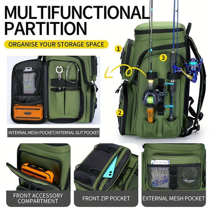 Fishing Backpack with Rod Holder 45L – Large Capacity Outdoor Tackle Bag, Waterproof Travel Shoulder Pack for Fishing Camping Hiking, Multi-Pocket Lure Storage Rucksack with Zipper Closure