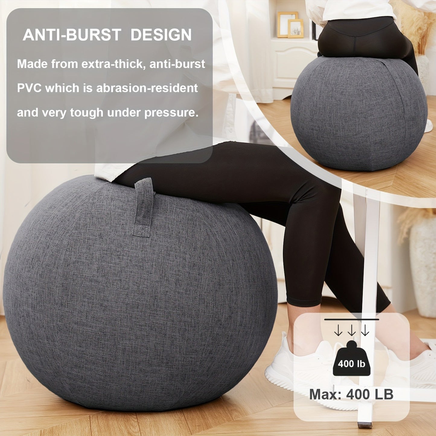 Exercise Ball Chair 65cm with Fabric Cover – Stability Balance Ball Seat for Home Office Desk, Yoga Pilates Birthing Ball, Relieves Back Pain & Improves Posture, Grey & Black, Anti-Burst Design
