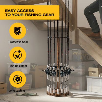 Fishing Rod Rack Holds 16 Rods - Circular Wooden Pole Holder with 360° Rotating Base Option - Space-Saving Wall-Free Fishing Rod Organizer for Garage, Basement & Home Storage