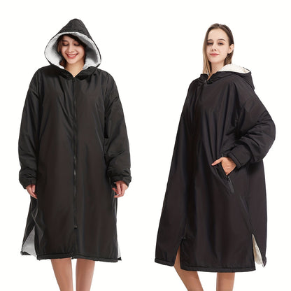 Changing Robe Fleece Lined Hooded – Long Sleeve Windproof Warm Surf Poncho for Swimming, Surfing, Diving, Camping & Hiking – 43.3x31.5in, 4 Colors: Navy, Black, Red, Blue