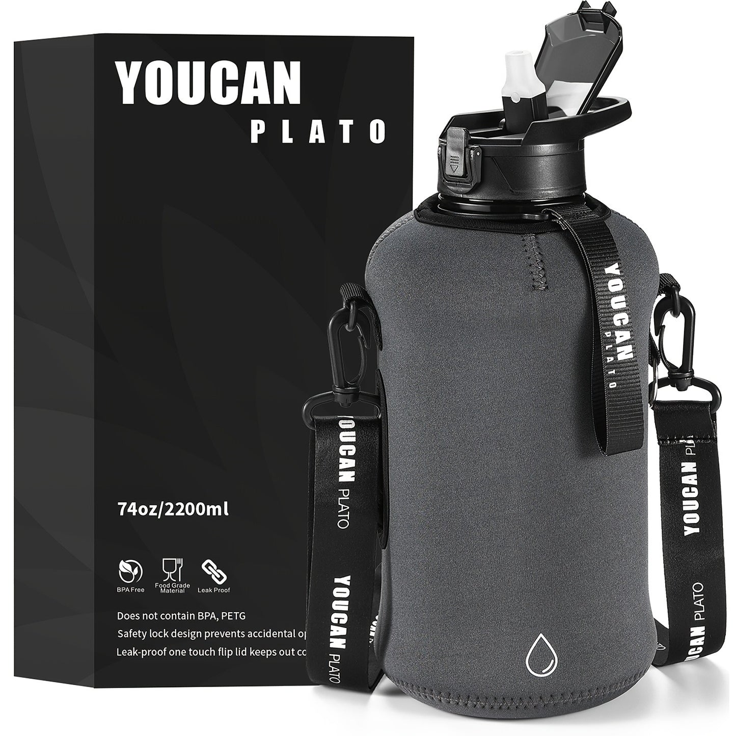 Half Gallon Water Bottle 74oz with Insulated Sleeve, Straw & Time Marker – BPA Free Leakproof Large Sports Jug with Carrying Handle & Strap for Gym, Fitness & Outdoor