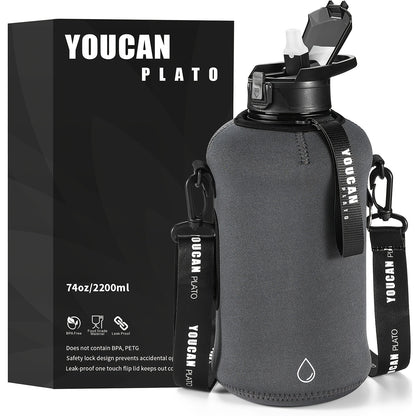 Half Gallon Water Bottle 74oz with Insulated Sleeve, Straw & Time Marker – BPA Free Leakproof Large Sports Jug with Carrying Handle & Strap for Gym, Fitness & Outdoor