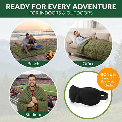 Puffy Camping Blanket Foldable Lightweight Water Resistant with 3D Eye Mask - DWR Coated Outdoor Blanket for Camping, Hiking, Travel, Beach, Stadium & Car, Warm Packable Throw in 4 Colors, 55" x 78"
