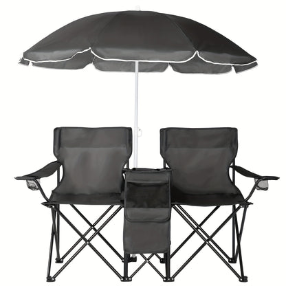 Portable Folding Chair with Removable Sun Umbrella - 2-Seat Outdoor Foldable Chair, Steel Frame Oxford Fabric, Lightweight Sun Shade Seat for Fishing Beach Camping Sunbathing Outdoor Activities