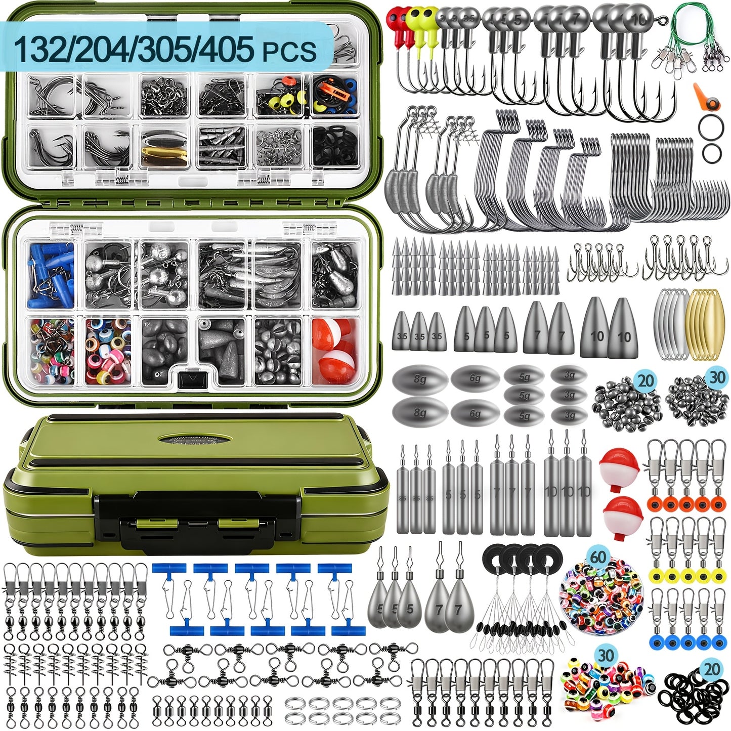 Fishing Tackle Kit 132-405 Piece Fishing Accessories Set with Hooks Weights Sinkers Spinner Blades Tackle Box for Bass Trout Bluegill Crappie Freshwater